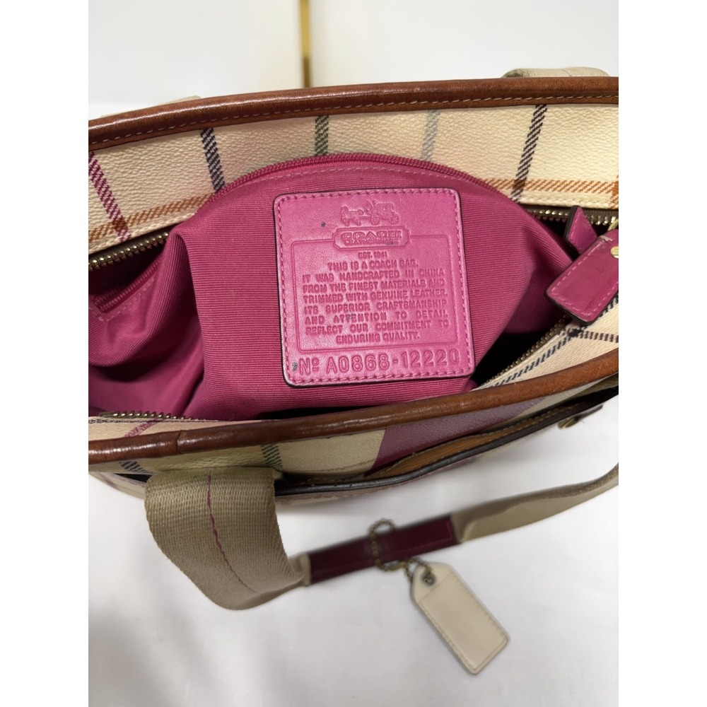 Coach Heritage Leatherware Tote Womens Pink White Tattersall Plaid Webbing Strap - Picture 6 of 9